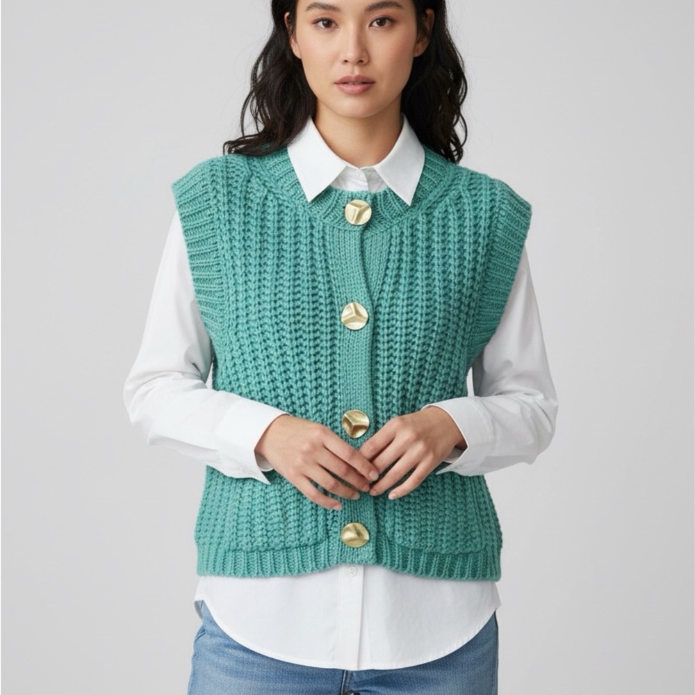 Chunky Knit Button-Front Vest in Teal
